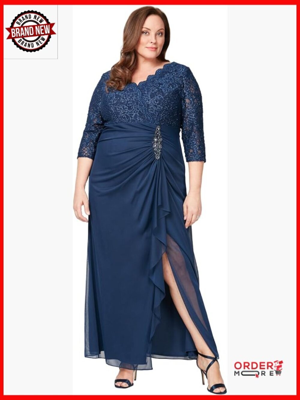 Women's A-Line Lace Formal Gown Empire Waist Plus Size 3/4 Sleeve